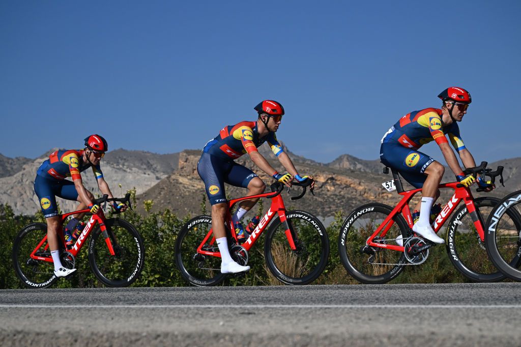 ORIHUELA SPAIN FEBRUARY 02 LR Patrick Konrad of Austria Jonathan Milan of Italy and Edward Theuns of Belgium and Team Lidl Trek compete during the 75th Volta a la Comunitat Valenciana 2024 Stage 3 a 1613km stage from San Vicente del Raspeig to Orihuela on February 02 2024 in Orihuela Spain Photo by Dario BelingheriGetty Images