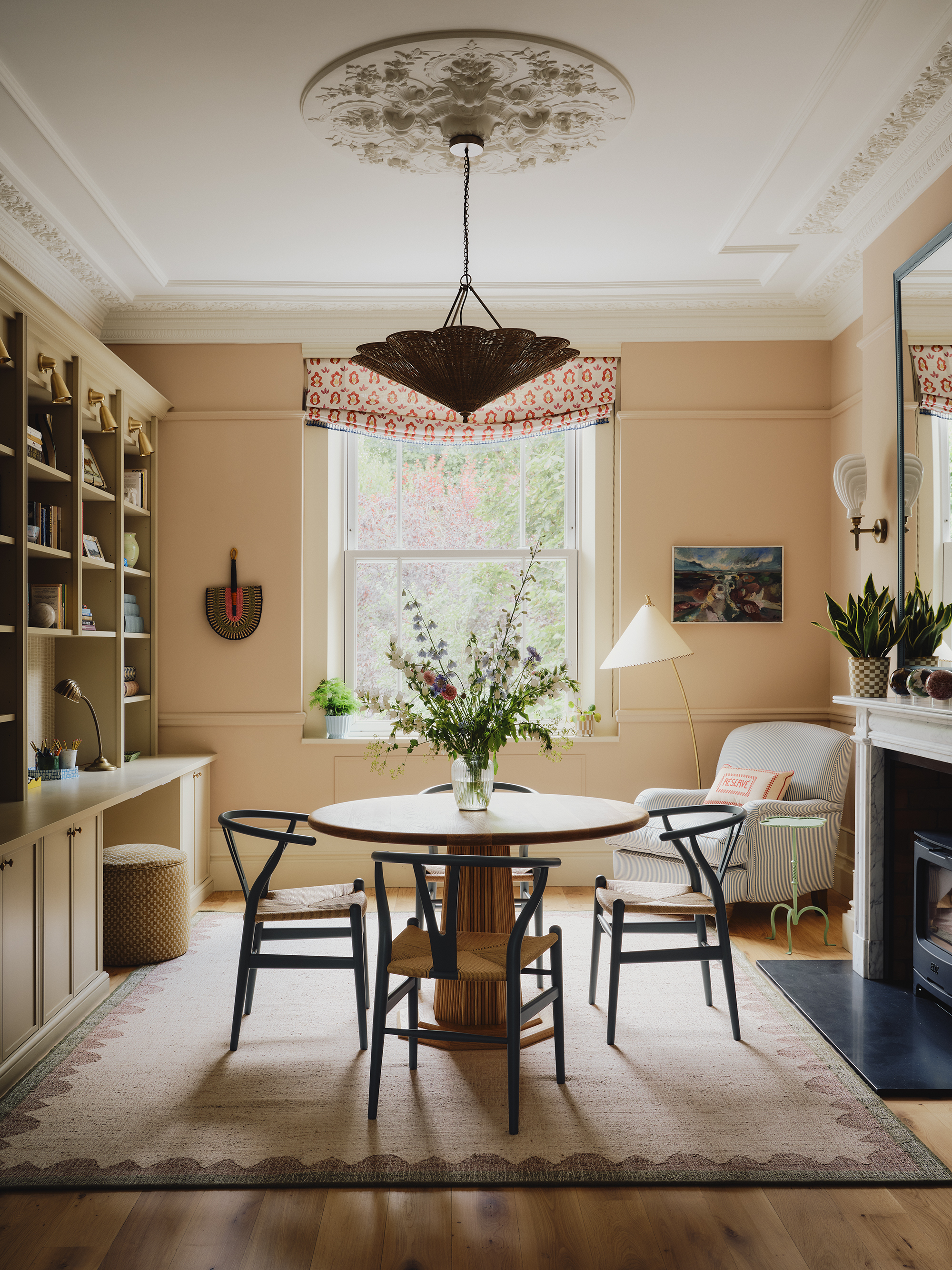Contemporary dining room with circular table and casually elegant styling
