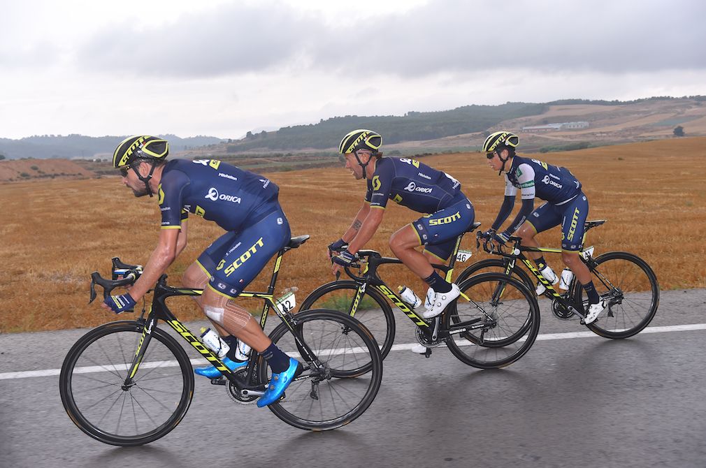 Sam Bewley and Svein Tuft with Orica-Scott teammate Esteban Chaves on stage 10 of the Vuelta a Espa&ntilde;a