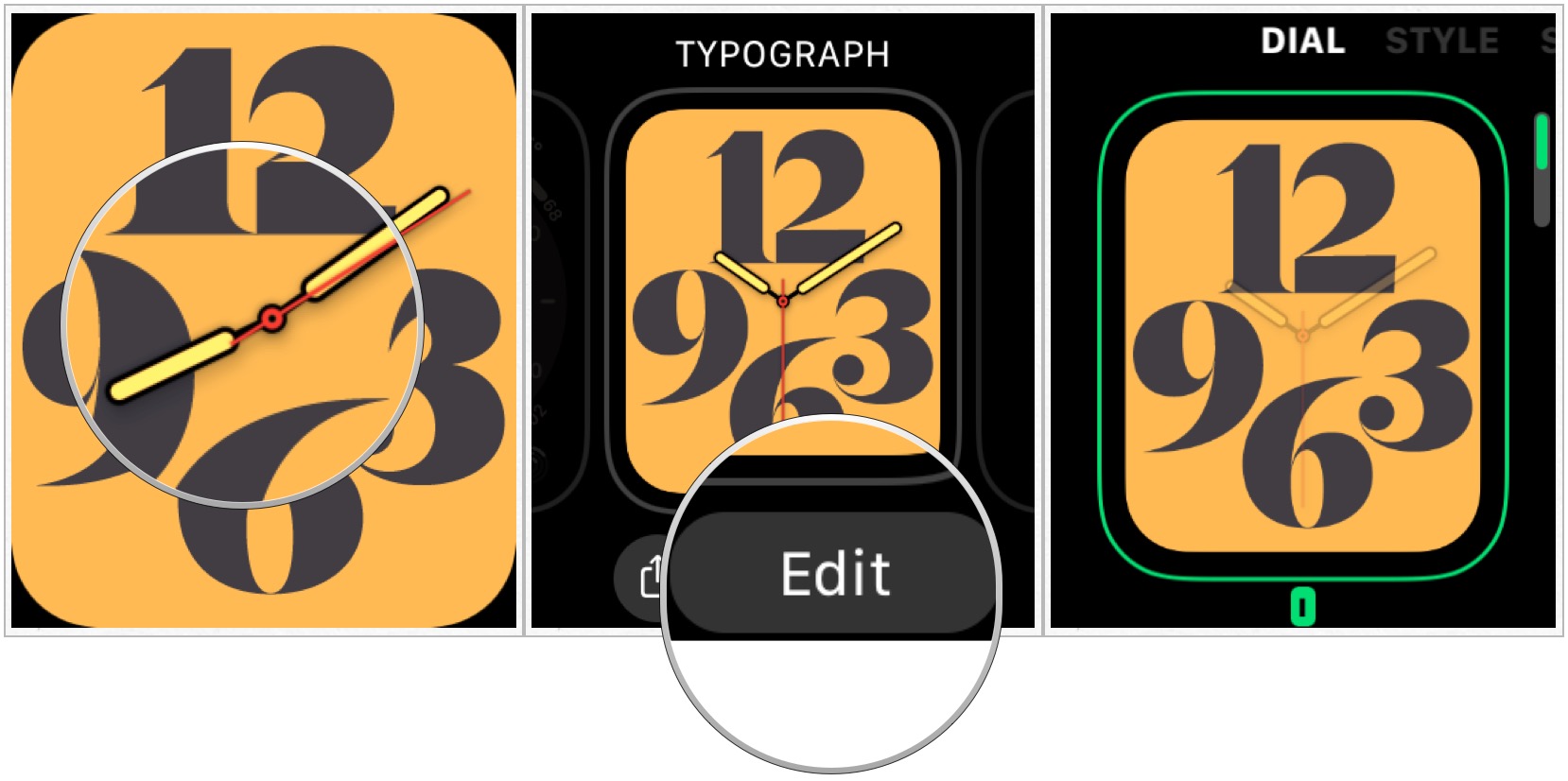 To change the color and style of a watch face, press the Digital Crown, firmly press on the watch face, then swipe left or right to select a face to customize.