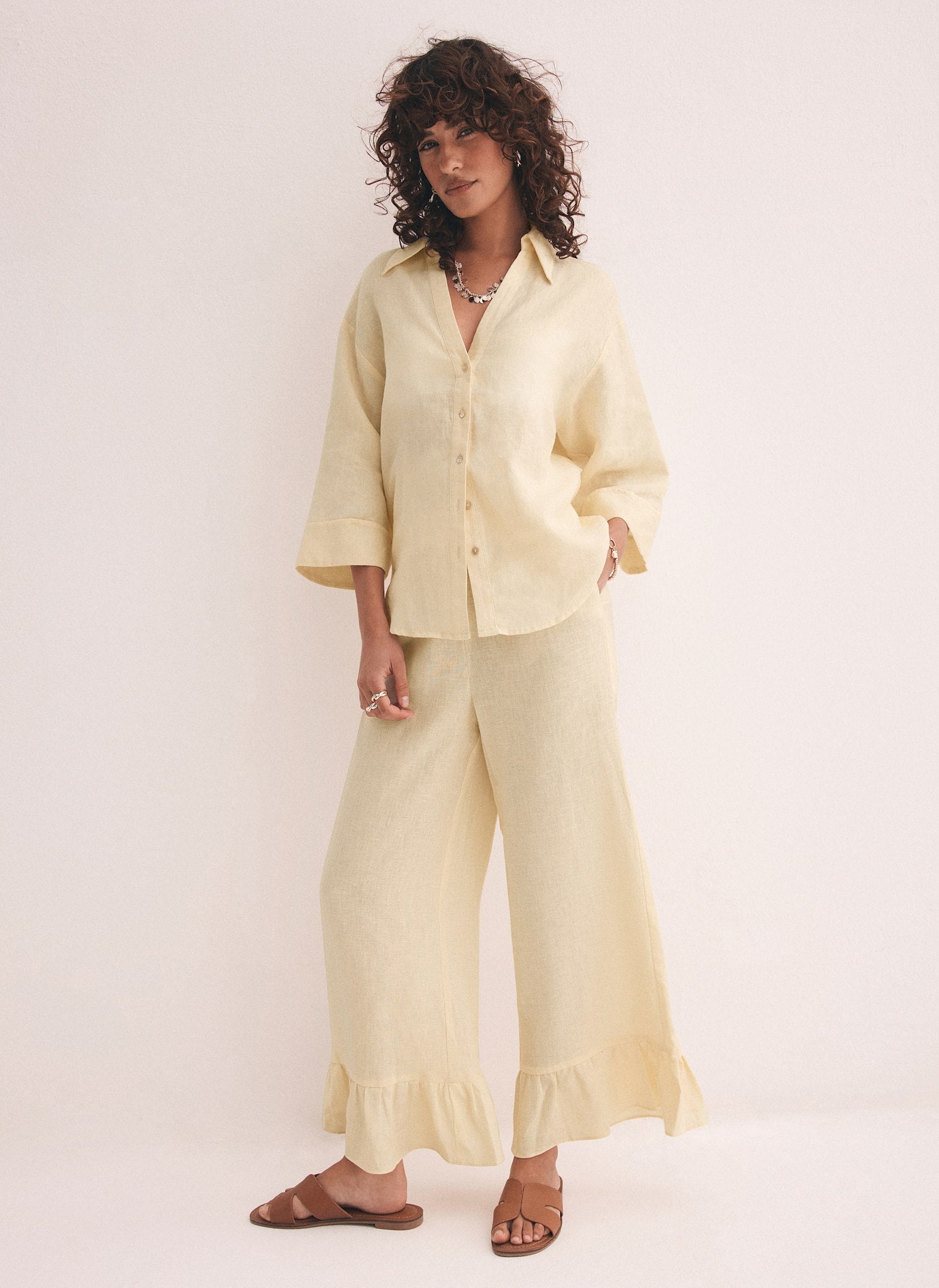 Yellow Linen Wide Ruffle Trousers