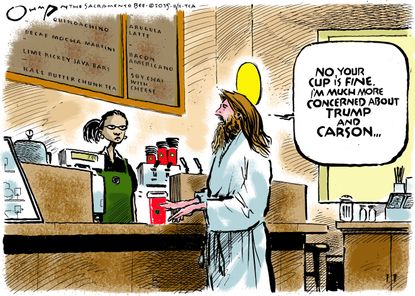 Political cartoon U.S. Carson Trump Starbucks Christmas