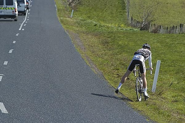 Rhys Gillett (Cycle City) had to use all his bike-handling skills to avoid crashing into a road-marker near Poatina.
