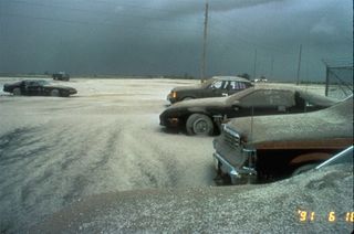 Ash-covered cars at Clark Air Force Base, on June 16, 1991.