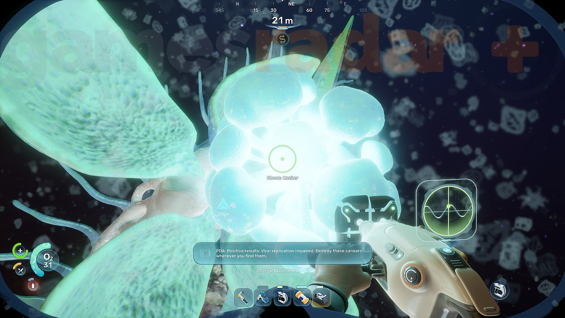 A player aims their Sonic Resonator at a Bloom Canker in Subnautica 2