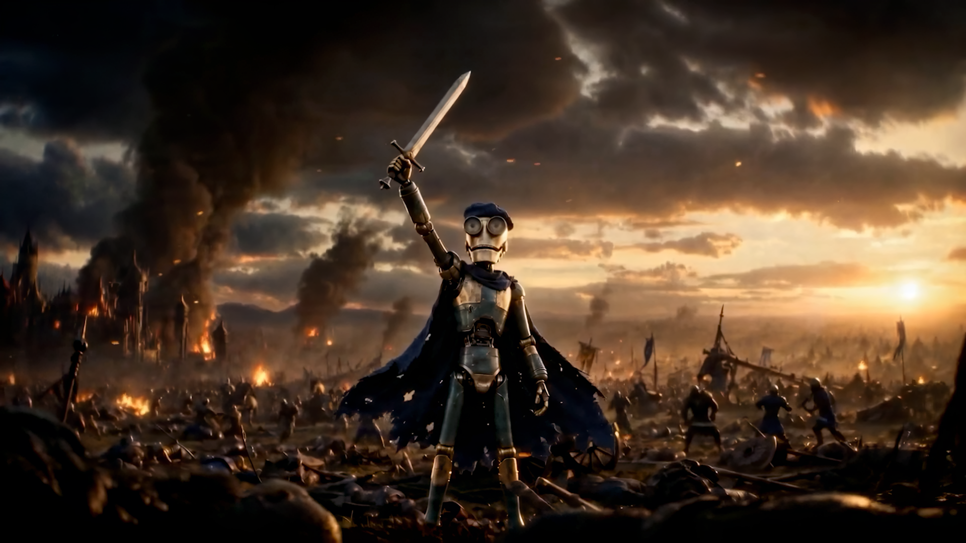 Renders of a robot fighting orcs