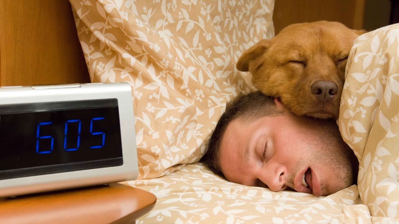 A sleeping man snores while his dog sleeps on top of him.