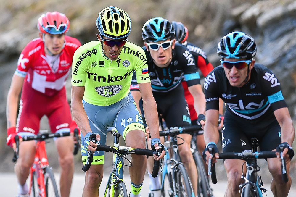 The final lead group makes its way to the finish during stage 6 at Paris-Nice.