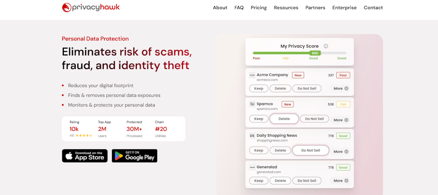 Website screenshot of PrivacyHawk (May, 2026)