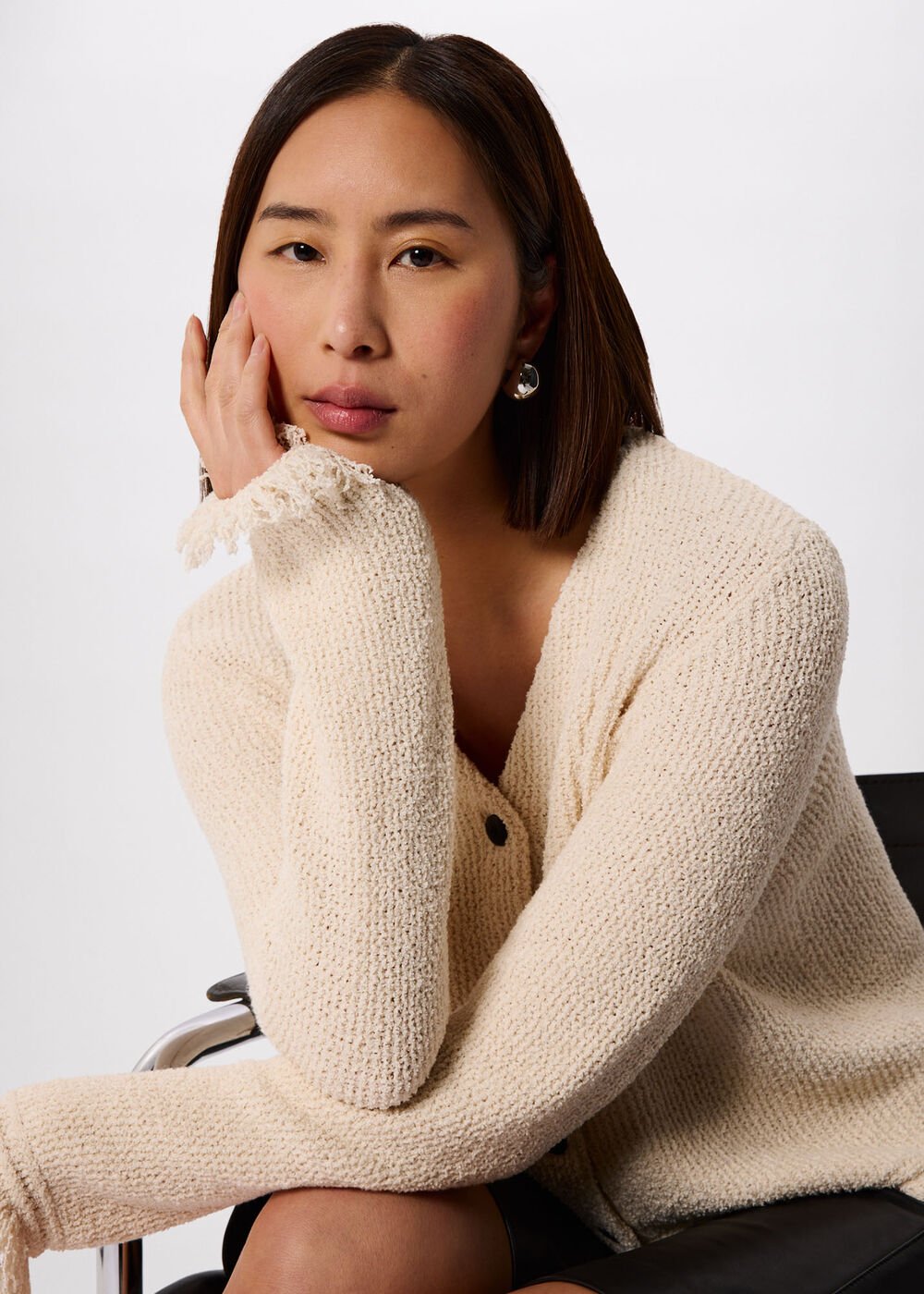 Ivory Cotton Boucle Fringe Cardigan