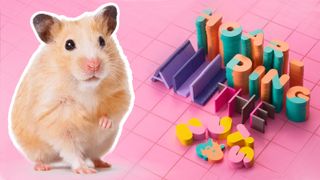 A photo of a hamster stood in front of a colourful pastel background with the words "hoarding all the nuts" in a quirky font
