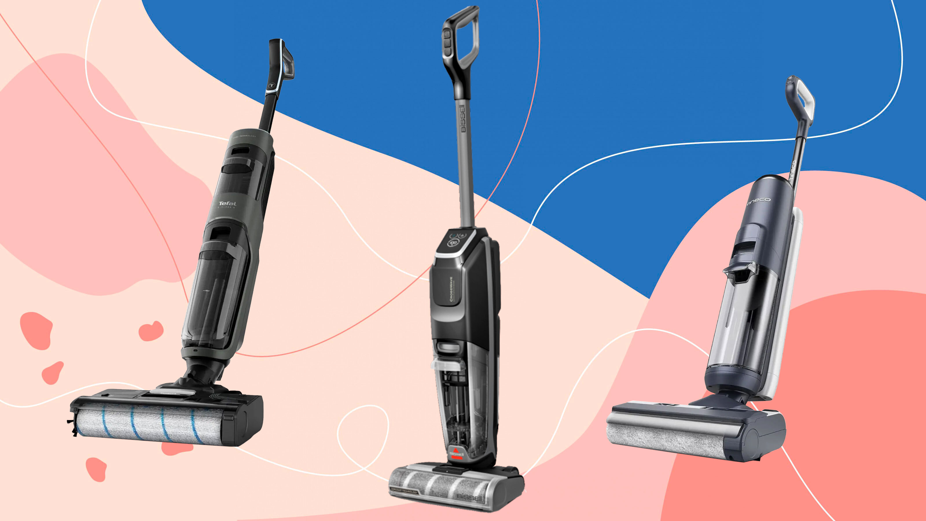 Tineco, Bissell and Tefal vacuum mops on a pink and blue background