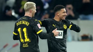 Marco Reus and Jadon Sancho celebrate after combining to score for Borussia Dortmund against Darmstadt in January 2024.