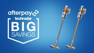 Dyson vacuums on blue back ground next to words 'Big Savings' and TechRadar and Afterpay logos