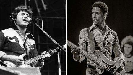Steve MILLER; performing live onstage. Bassist Gerald Johnson playing a left-handed Fender Precision bass guitar. 