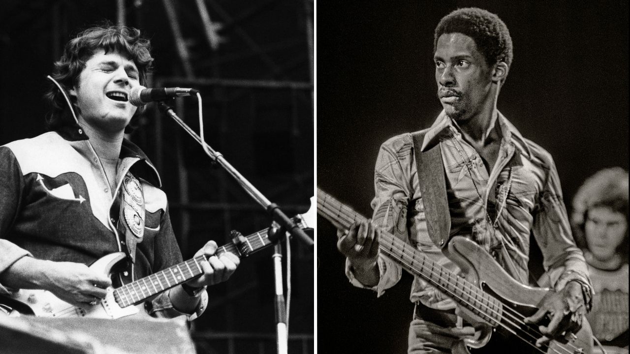 Steve MILLER; performing live onstage. Bassist Gerald Johnson playing a left-handed Fender Precision bass guitar. 