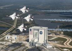 President Donald Trump wants a new Space Force branch of the U.S. military, but it reopens an old argument about military uses in space. Here, the U.S. Air Force Thunderbirds fly over NASA's Kennedy Space Center in Florida with retired NASA astronaut and 