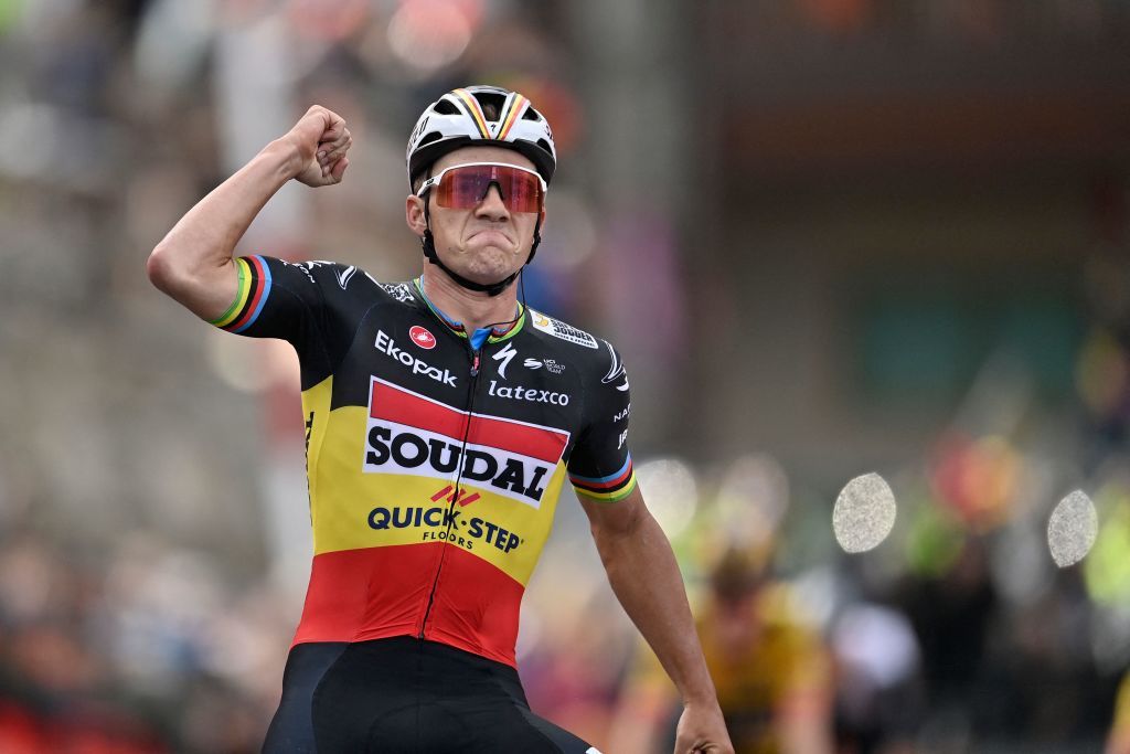 Team Quick Steps Belgian rider Remco Evenepoel celebrates as he finishes first during the third stage of the 2023 La Vuelta cycling tour of Spain a 1585 km race from Suria to Arinsal in Andorra on August 28 2023 Photo by Pau BARRENA AFP Photo by PAU BARRENAAFP via Getty Images
