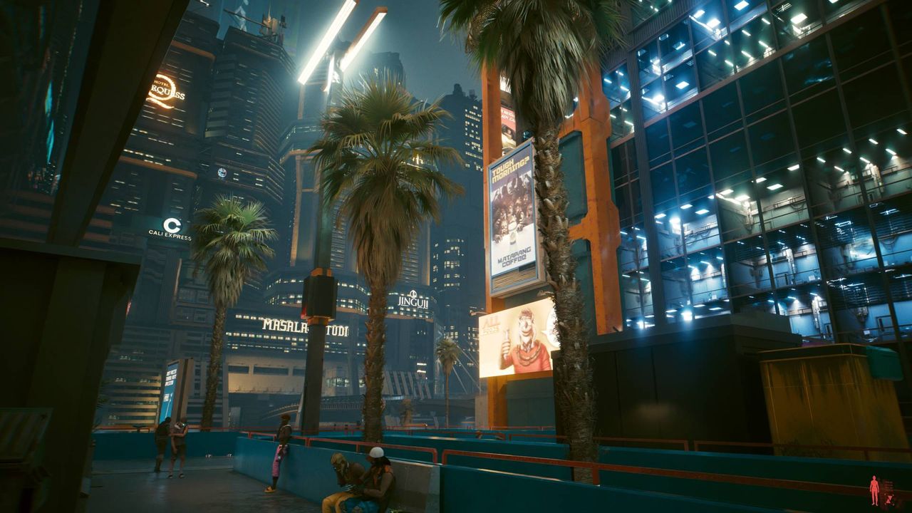Cyberpunk 2077 running on RTX 5080 with city and palm trees in view with DLSS 4 switched on