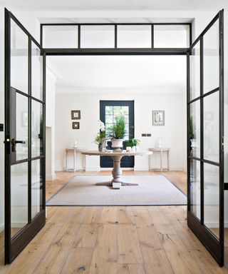 double glass doors with black frame opening from an entrance hall which contains a circular table in the middle with pot plants on top, with a rug underneath