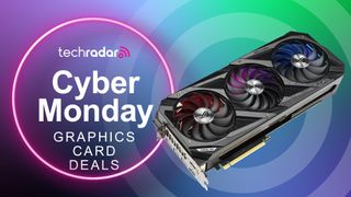An Asus ROG graphics card on a green and purple background with the text 'Cyber Monday Graphics Card Deals'.