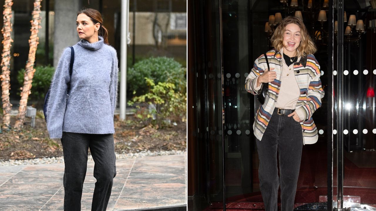 a collage of Katie Holmes and Gigi Hadid wearing a moody denim trend in new York City and Paris with ballet flats layered over socks