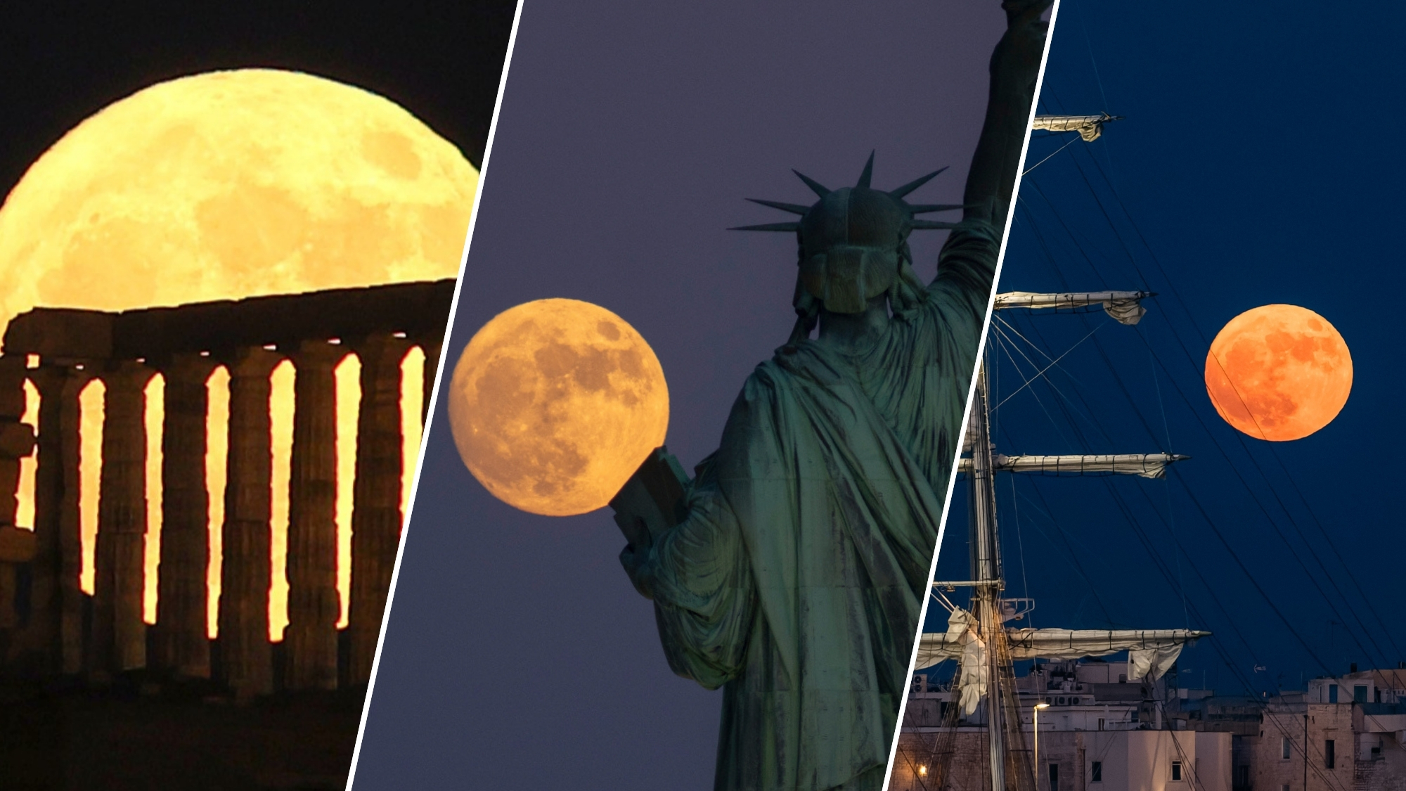 three panel image preview of some of the images including in the roundup of best full moon photos from around the world. left to right: bright moon behind stone columns, full moon and the statue of liberty, full moon glowing orange next to a large sailing boat.