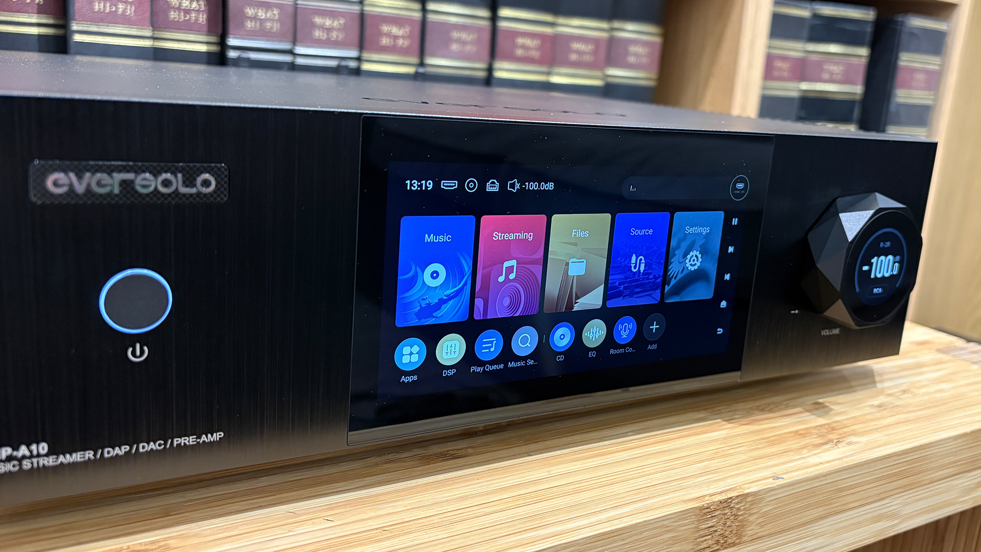 Eversolo DMP-A10 streaming amplifier detail of front panel controls and colour display
