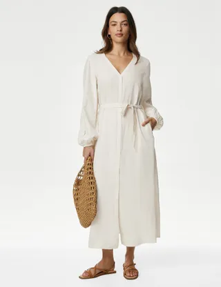 M&S Collection, Linen Rich Embroidered V-Neck Midi Dress