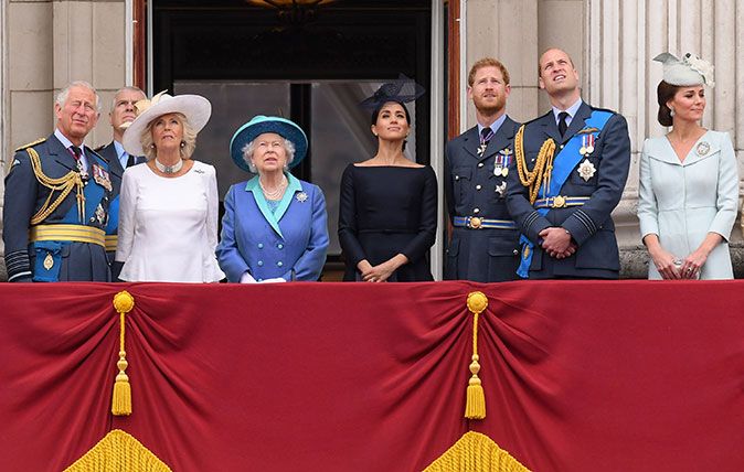 Photo by David Fisher/REX/Shutterstock (9753789y) Prince Charles, Prince Andrew, Camilla Duchess of Cornwall, Queen Elizabeth II, Meghan Duchess of Sussex, Prince Harry, Prince William and Catherine Duchess of Cambridge on the balcony of Buckingham Palace 100th Anniversary of the Royal Air Force, Westminster Abbey, London, UK - 10 Jul 2018