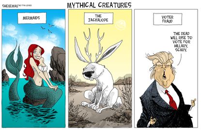 Political cartoon U.S. 2016 election mythical creatures voter fraud