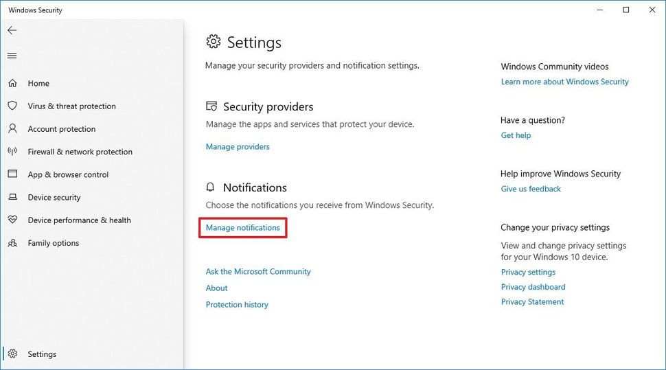 How to manage notifications for Windows Security features on Windows 10 ...