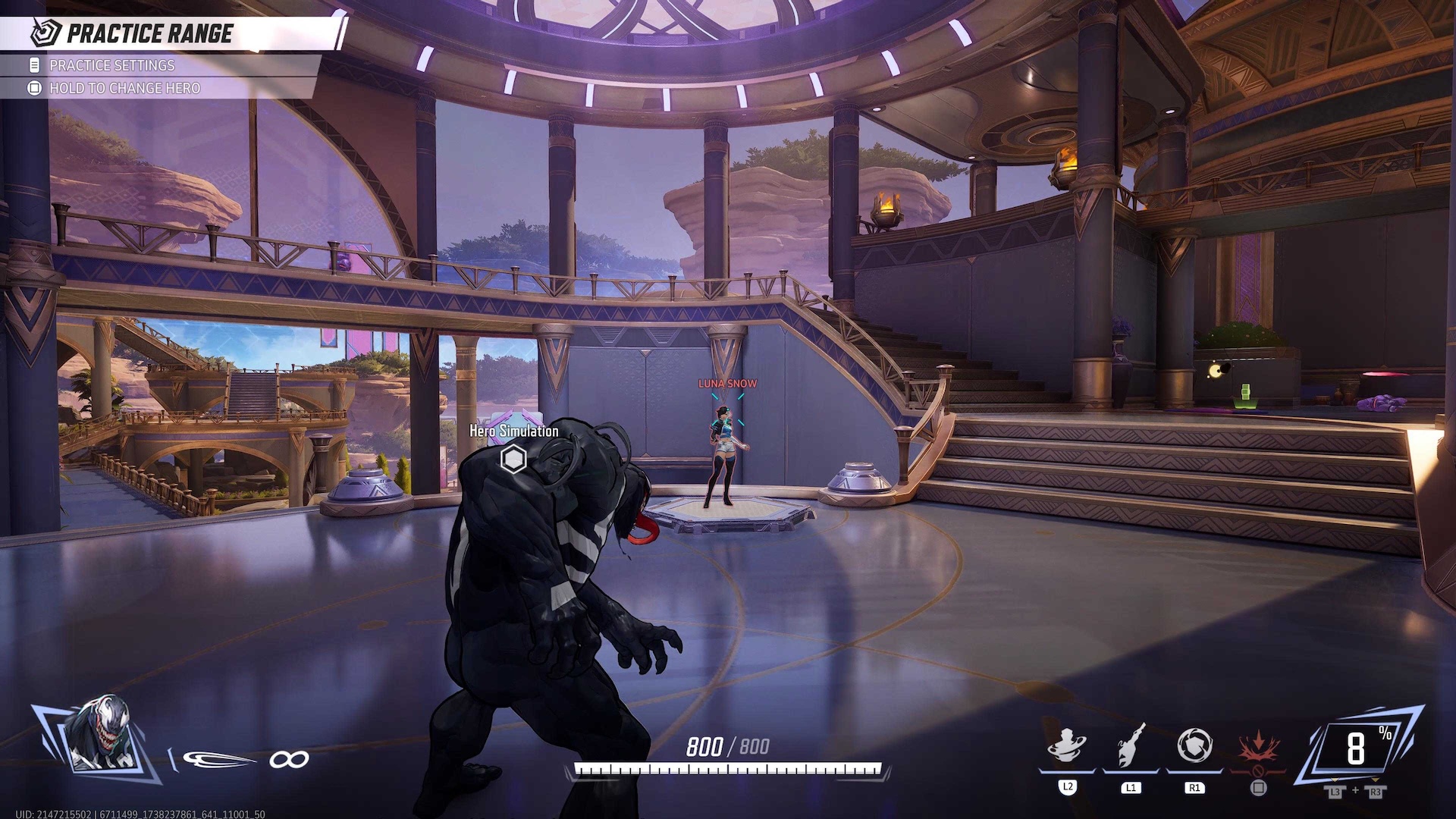 Venom stands in the Practice Range area, aiming at Luna Snow