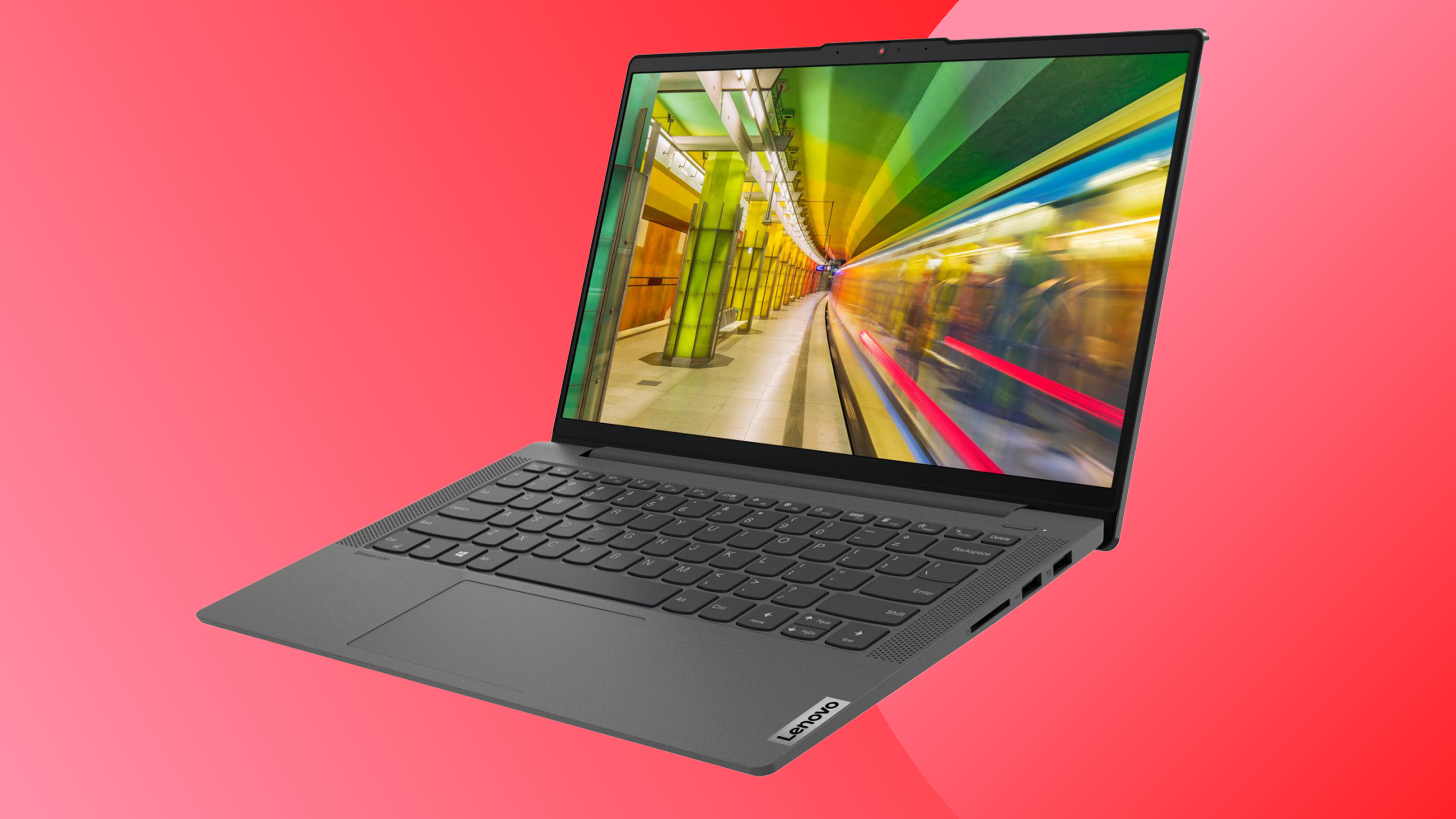A Lenovo Black Friday deals image with a Lenovo Ideapad 5i on a red background