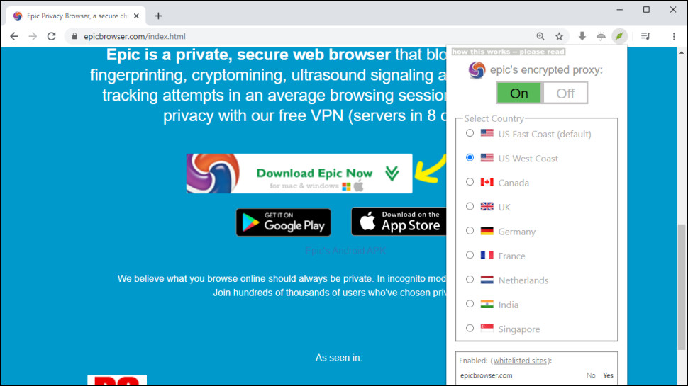 A screenshot of Epic Browser displaying its VPN locations