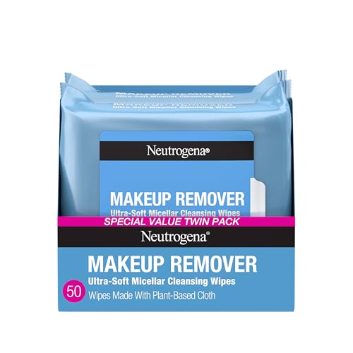 Neutrogena Makeup Remover Wipes Micellar Alcohol-Free Face Towelettes Remove Waterproof Mascara &amp;amp; Oil, Compostable 100% Plant-Based Cloth, Dermatologist &amp;amp; Ophthalmologist Tested, Twin Pack 2 X 25 Ct