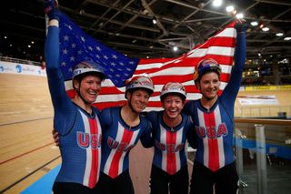 Lily Williams, Jen Valente, Emma White and Chloe Dygert celebrate their gold-medal-winning ride in the team pursuit at the 2020 UCI Track World Championships in Berlin, Germany