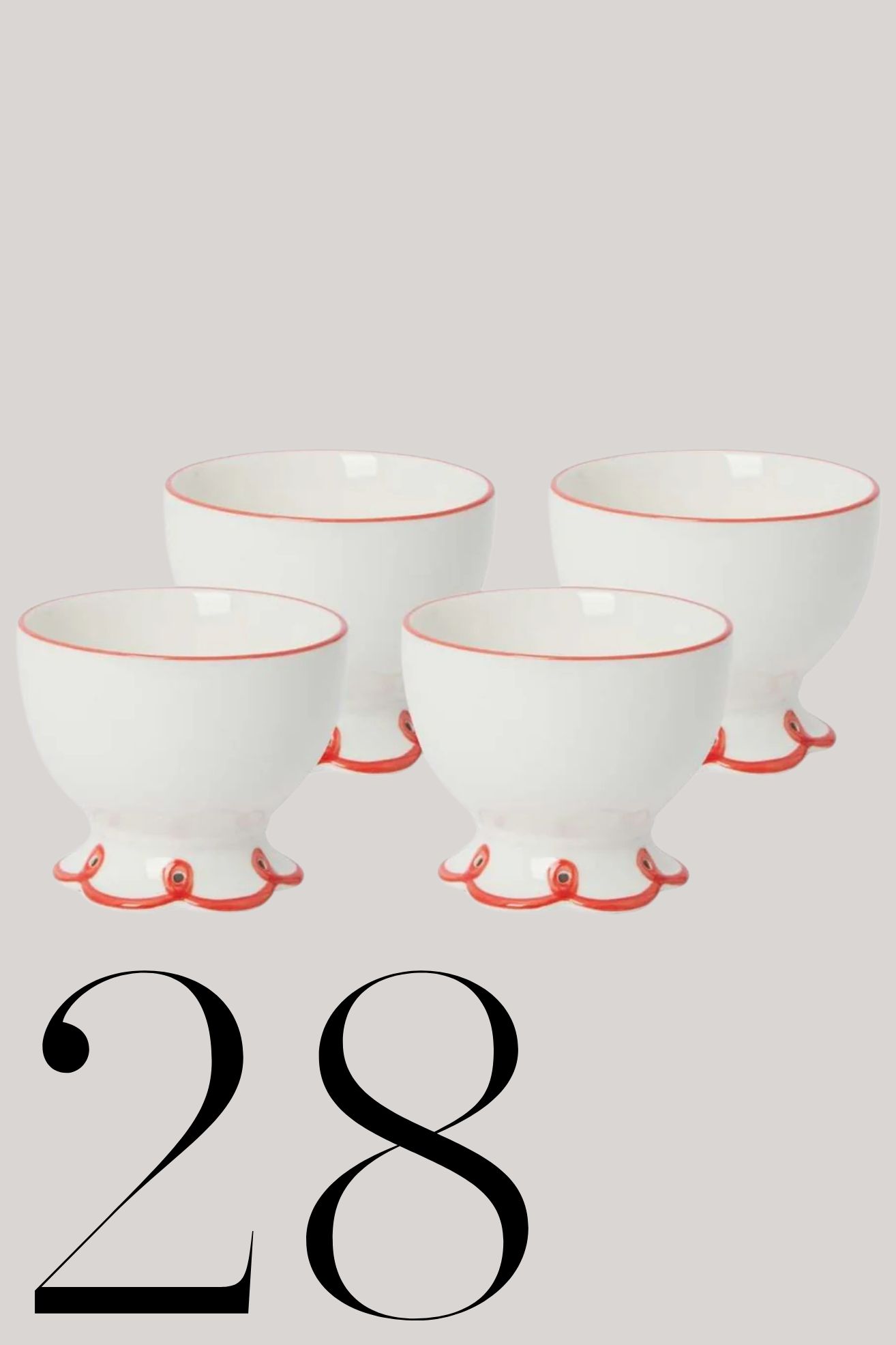 Chaozhou King Does Porcelain, Rosy Red Scalloped Nibbles Bowl, Set of 4