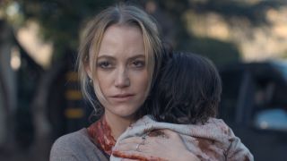 (L-R) Maika Monroe as Polly Murphy and Nora holding baby, Lola Contreras as Josie Morales in 20th Century Studios' THE HAND THAT ROCKS THE CRADLE.
