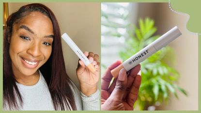 Side-by-side images of a person wearing the Honest Beauty mascara while holding the white mascara tube on the left and a person holding the mascara tube in front of a green house plant on the right side, for the Honest Beauty Extreme Length + Lash Primer review.
