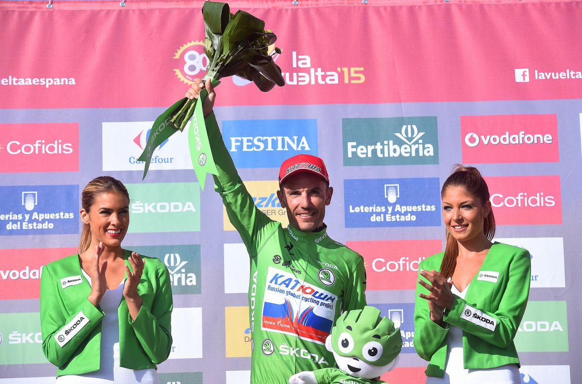 Joaquim Rodriguez (Katusha) on the podium in the green jersey