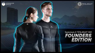 A masculine and feminine person show off the DK1 VR haptic suit