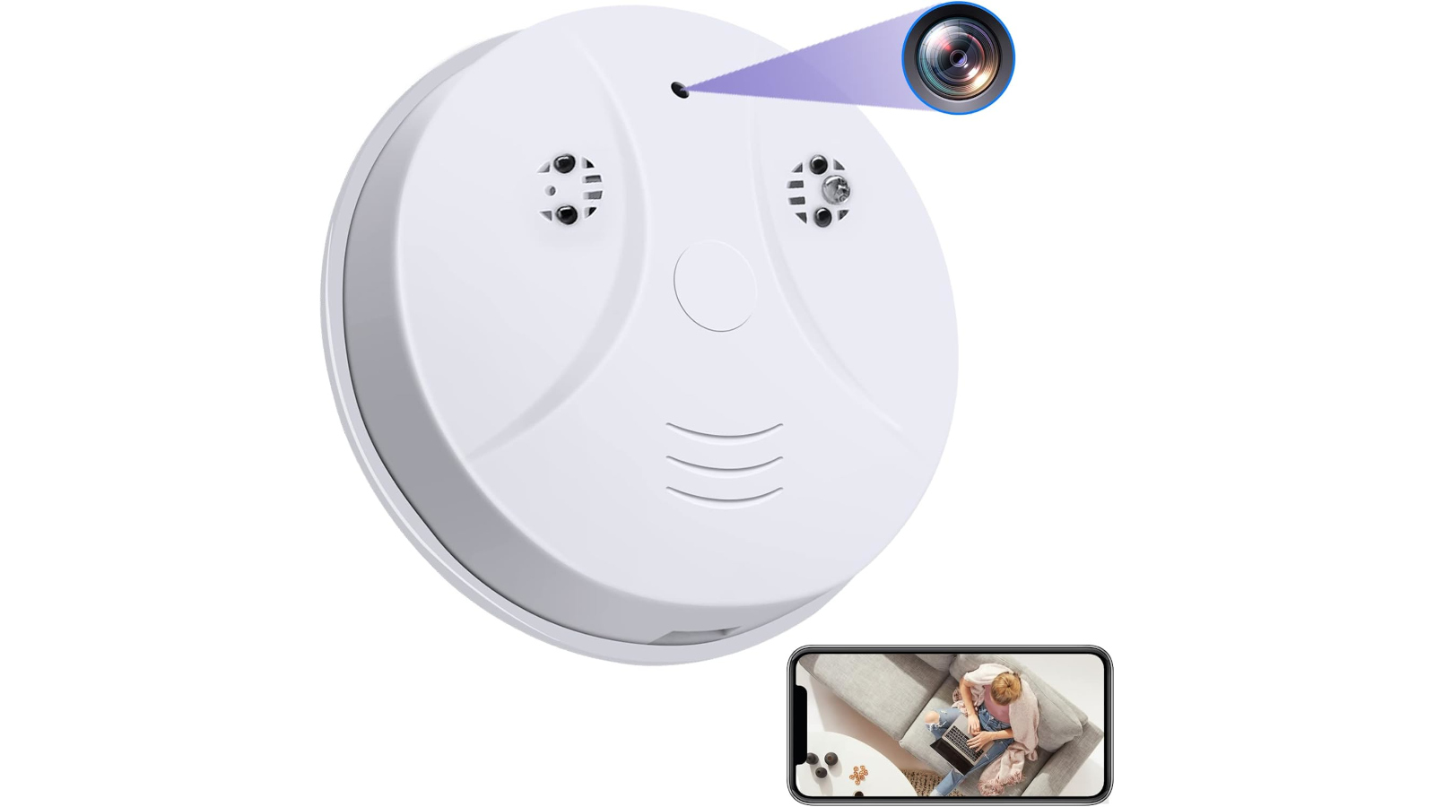 Smoke detector hidden camera, with smartphone screen feed visible