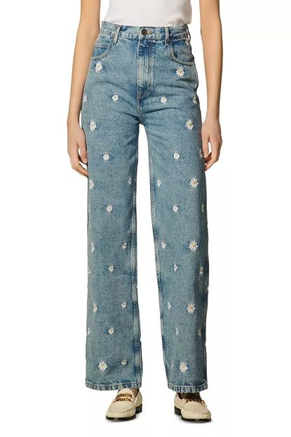 Sandro Flower Embroidered Ankle Jeans in Blue Jean