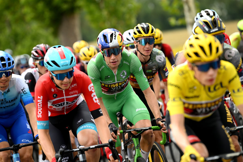 CAHORS FRANCE JULY 22 Wout Van Aert of Belgium and Team Jumbo Visma Green Points Jersey competes during the 109th Tour de France 2022 Stage 19 a 1883km stage from CastelnauMagnoac to Cahors TDF2022 WorldTour on July 22 2022 in Cahors France Photo by Dario BelingheriGetty Images