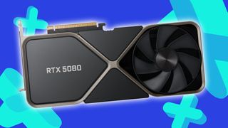 Nvidia GeForce RTX 5080 mock up with blue backdrop and green GamesRadar+ symbols
