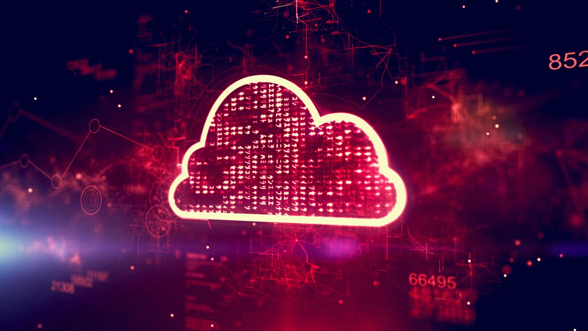 An abstract image showing a red digital cloud on a dark red background