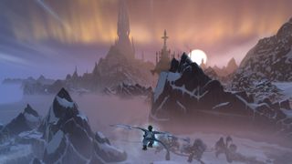WoW 10.2.5 update - a player dragonrides across a foggy landscape