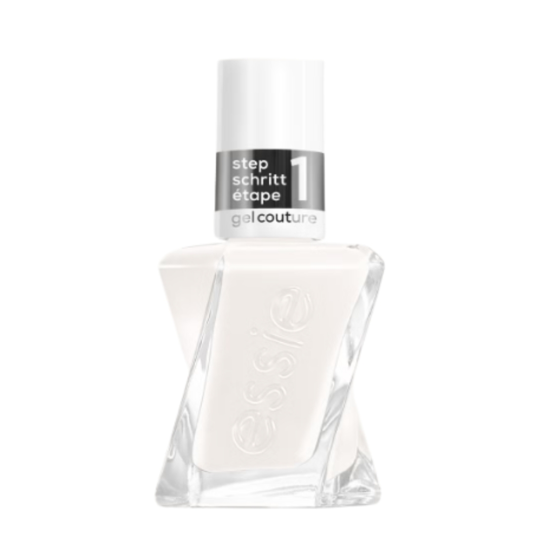 A product shot of the essie Gel Couture Gel-Like Nail Polish in shade First Fitting (a milky white), on a white background