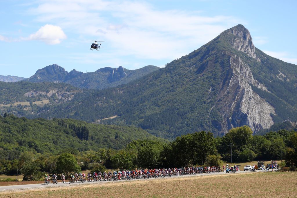 ORCIERES FRANCE SEPTEMBER 01 Peloton Landscape Mountains Helicopter during the 107th Tour de France 2020 Stage 4 a 1605km stage from Sisteron to OrcieresMerlette 1825m TDF2020 LeTour on September 01 2020 in Orcieres France Photo by Michael SteeleGetty Images